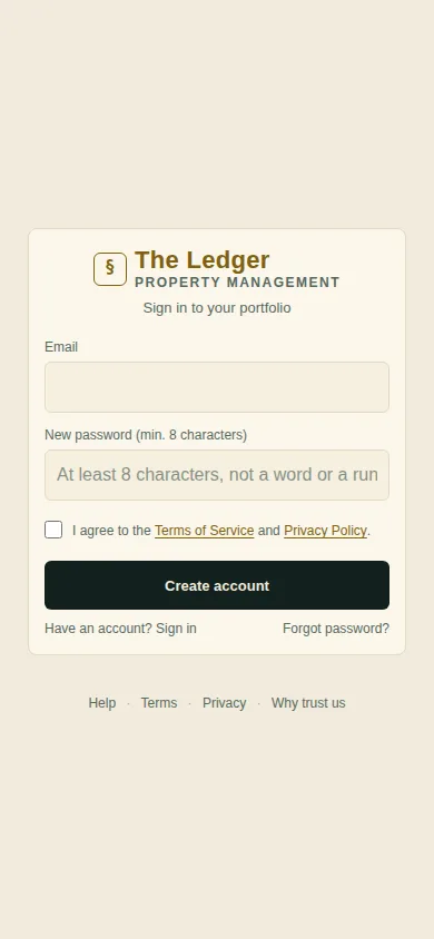 The sign-up box: email, new password, the Terms box and Create account