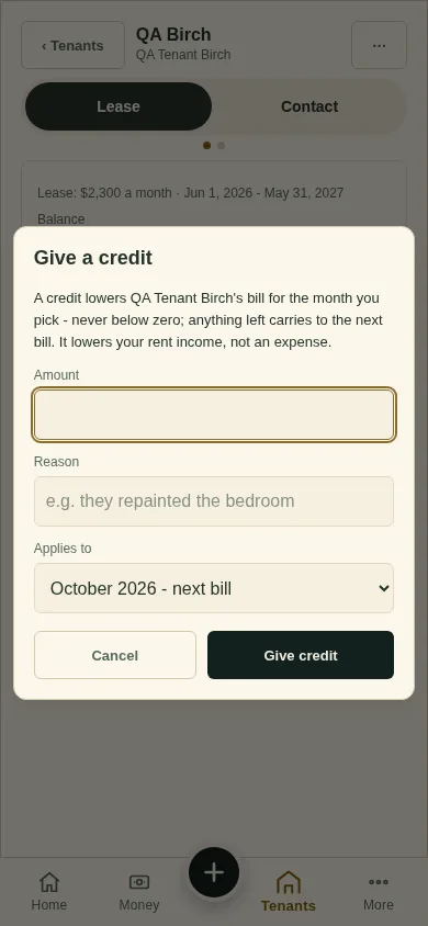 The Give a credit window