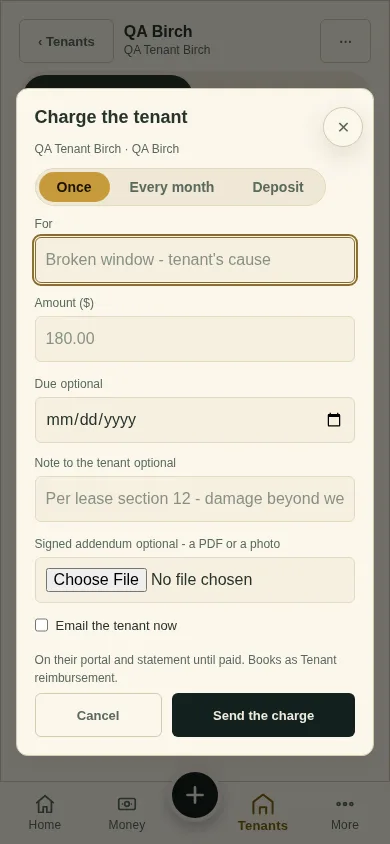 The Charge the tenant window with Once picked