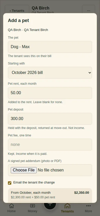 The Add a pet window with pet rent $50 and a $300 deposit