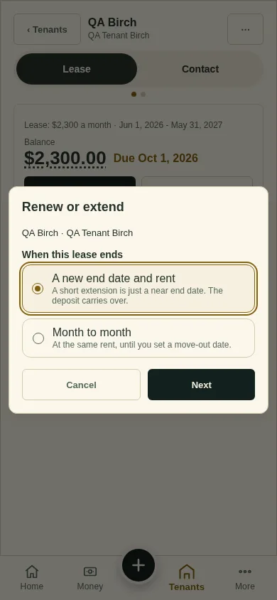 The Renew or extend window with its two choices
