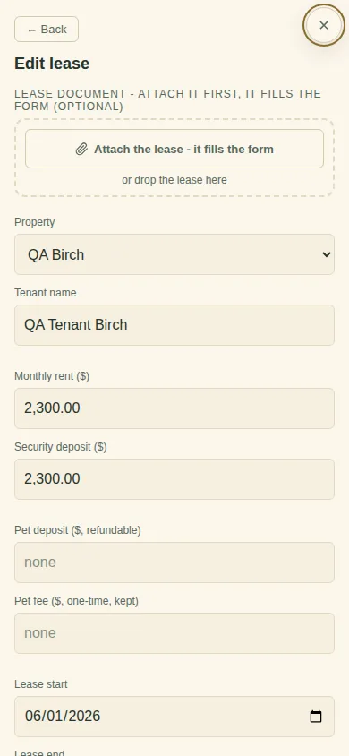 The Edit lease form