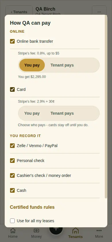 The How they can pay window: Online bank transfer and Card with You pay / Tenant pays, then the ways you record yourself
