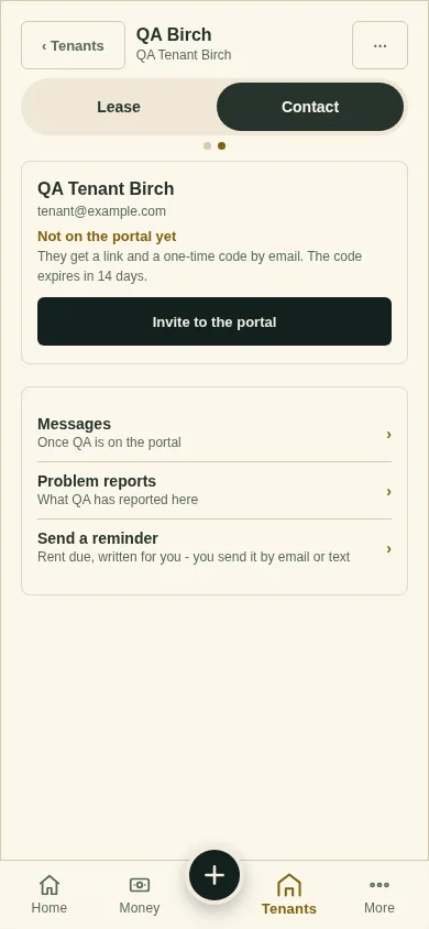 The Contact tab: Not on the portal yet, and Invite to the portal