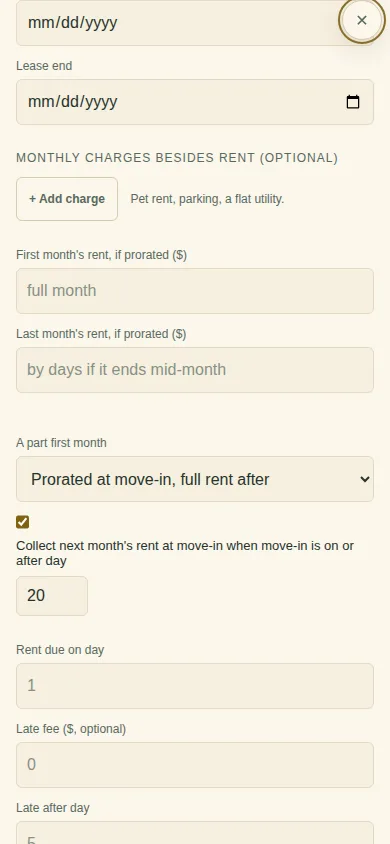 The lease terms: dates, a part first month, due day and late fee