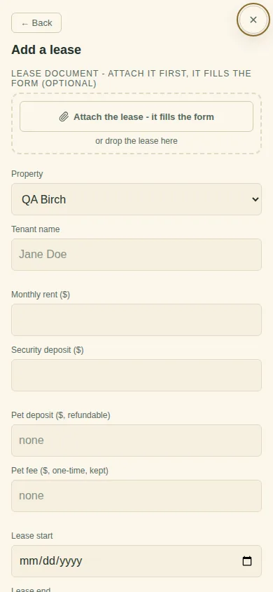 Add a lease: attach the lease, then Property, Tenant name, Monthly rent
