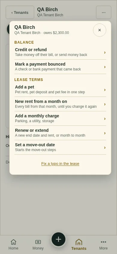 The lease menu with Add a pet