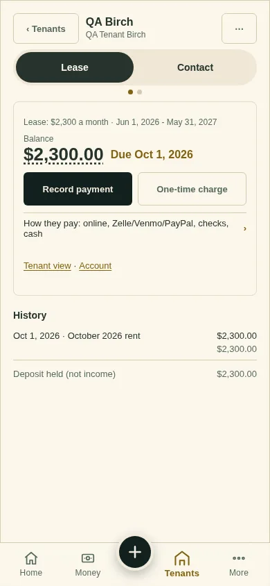 The lease page with Record payment and One-time charge