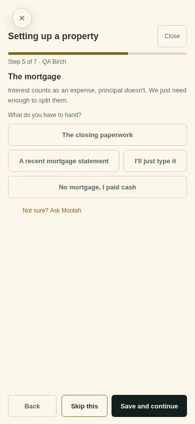 The mortgage screen with Skip this and Save and continue