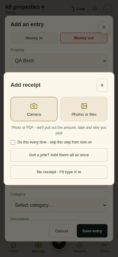 The Add receipt window: Camera, or Photos or files