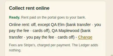 The Collect rent online card on Tenants: Ready, and the Online rent line with Change