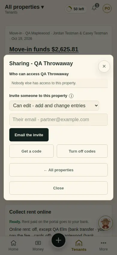 The Sharing window for one property: who can access it, Can edit, the email box, Email the invite, Get a code