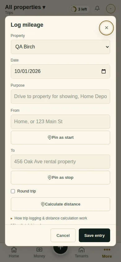 The Log mileage window
