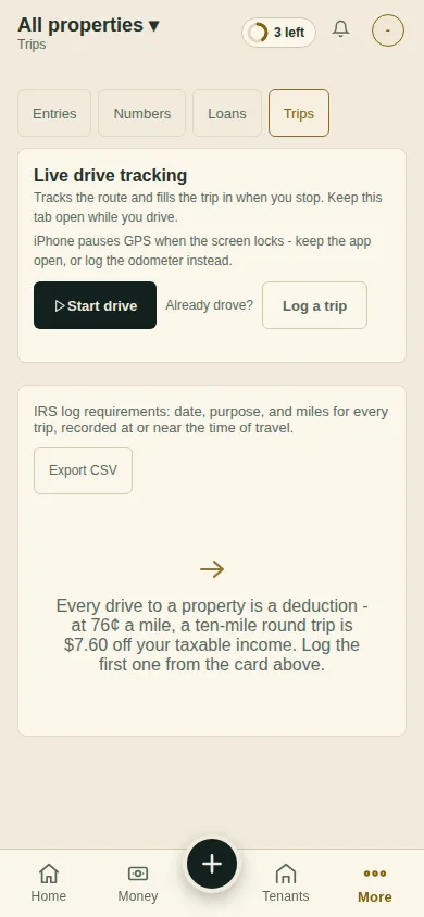 Trips with Start drive and Log a trip
